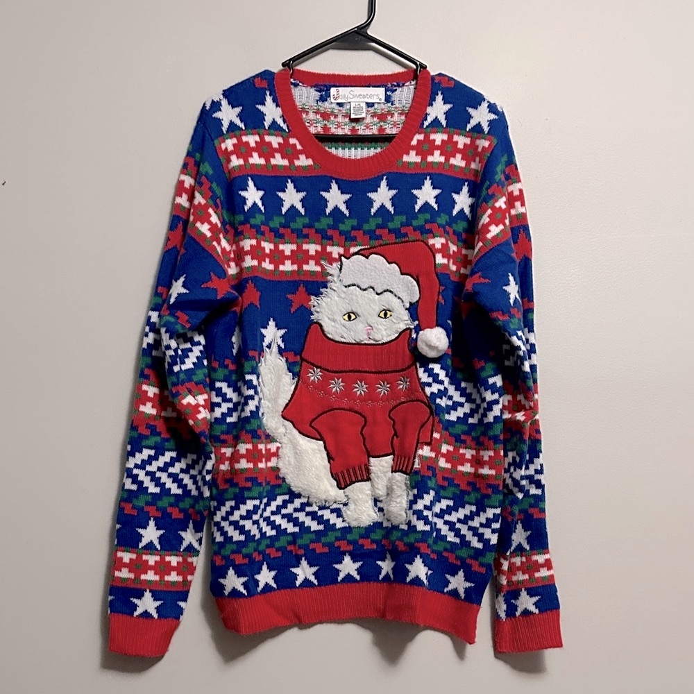 Jolly Sweaters Festive Cat Christmas Sweater Red Green and Blue Large